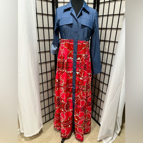 METAMORPHOSIS GIRL DENIM AND COLORFUL ABSTRACT PRINT SHIRT WAIST DRESS, SIZE S - Picture 4 of 10